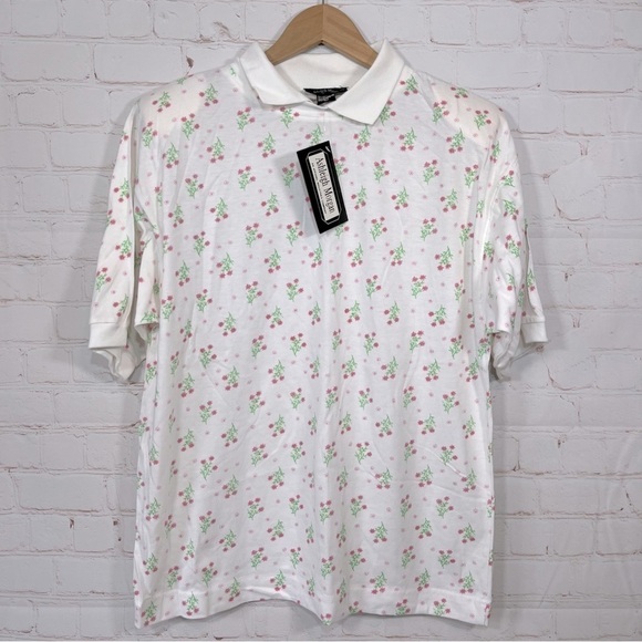 Vintage Ashleigh Morgan Shirt Womens Large White Floral Collared Shoulder Pads - Picture 1 of 12
